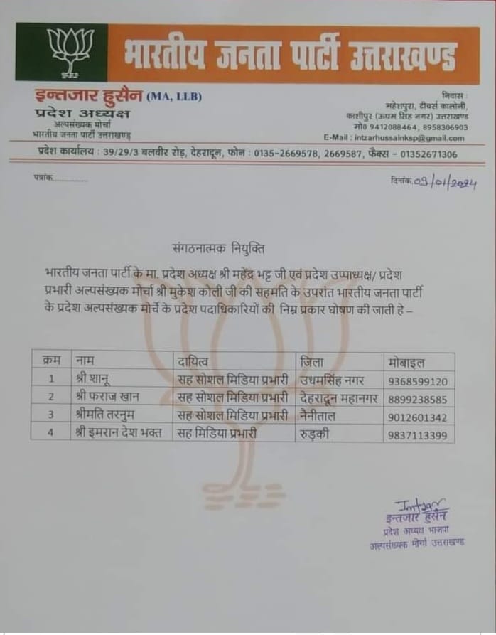 उत्तराखंड भाजपा अल्पसंख्यक मोर्चा के प्रदेशाध्यक्ष इंतजार हुसैन ने की प्रदेश मीडिया प्रभारियों की नियुक्ति,,,