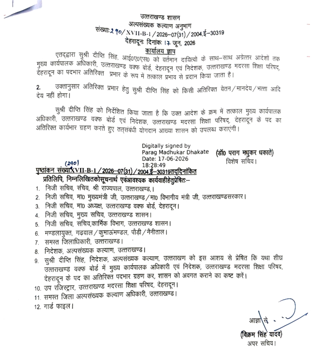उत्तराखंड वक्फ बोर्ड के मुख्य कार्यपालक अधिकारी (सीईओ) व उत्तराखंड मदरसा शिक्षा परिषद, देहरादून के निदेशक पद का अतिरिक्त प्रभार सौंपा,,,